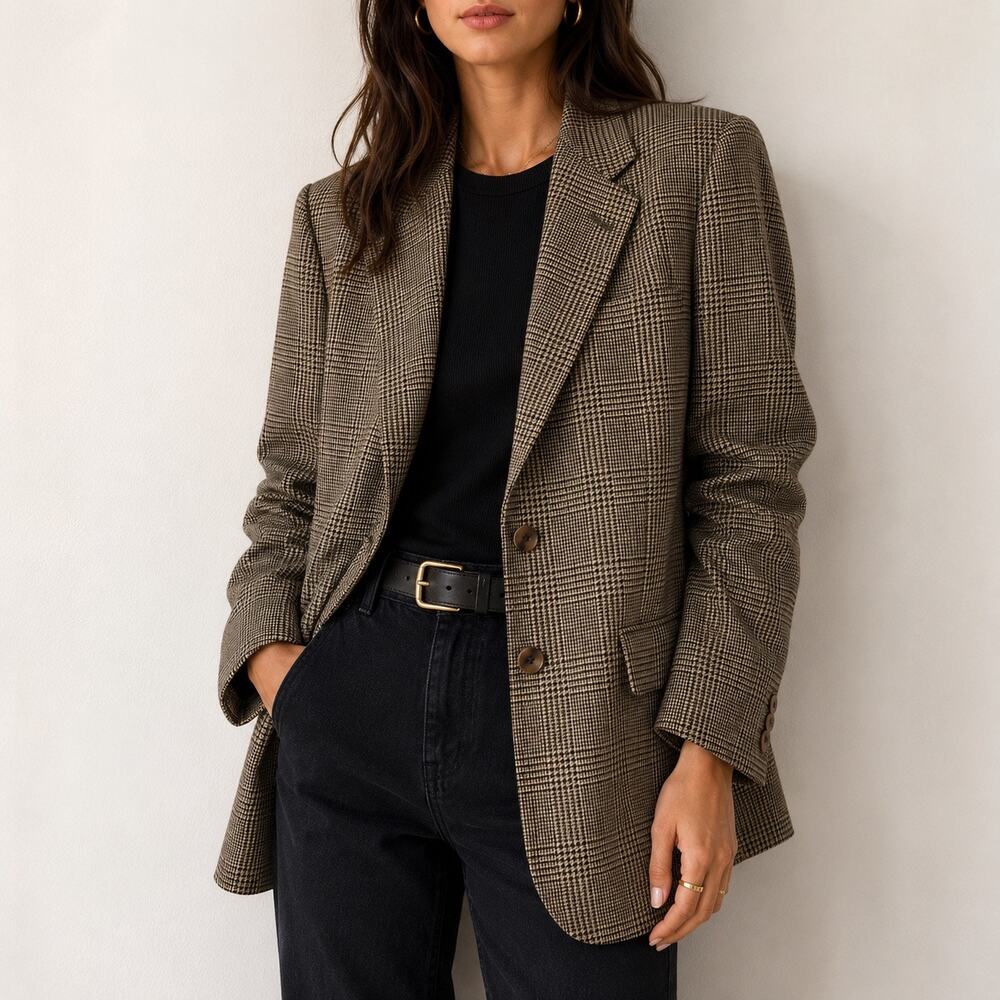 90s Oversized Wool Prince of Wales Plaid Boyfriend Blazer M-XL